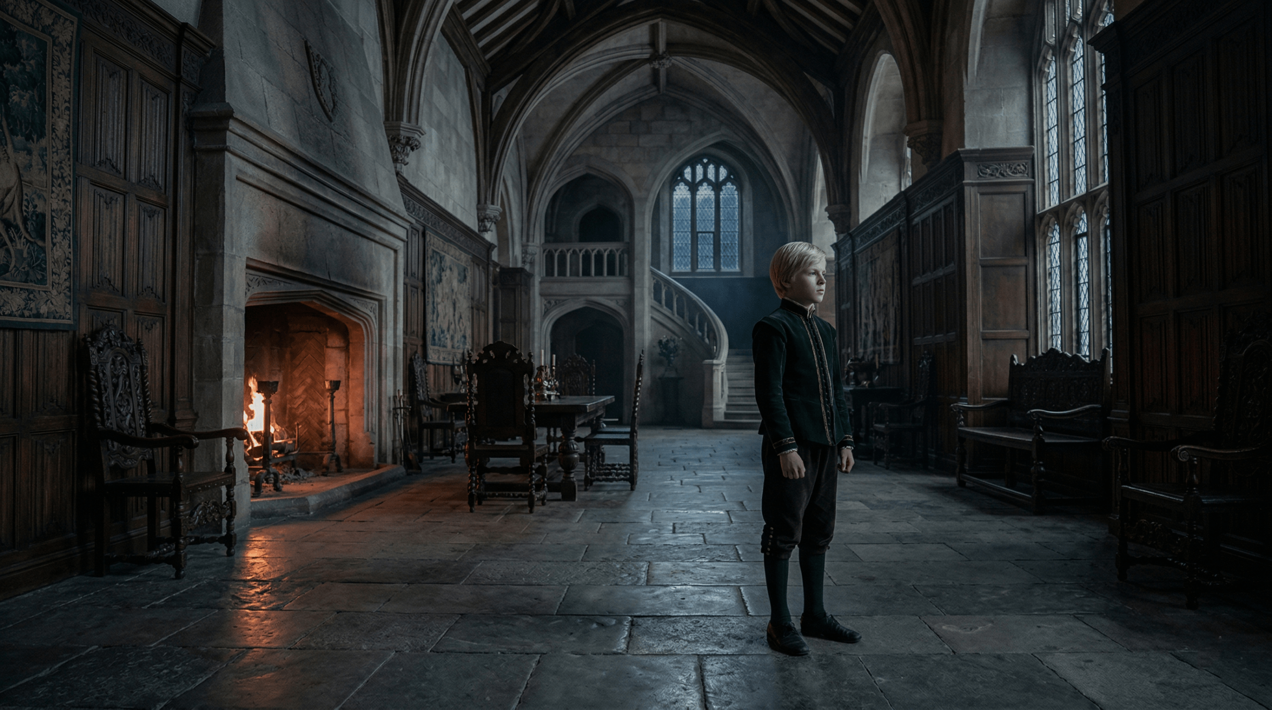 Young Draco Malfoy standing alone inside the dark and grand architecture of Malfoy Manor.