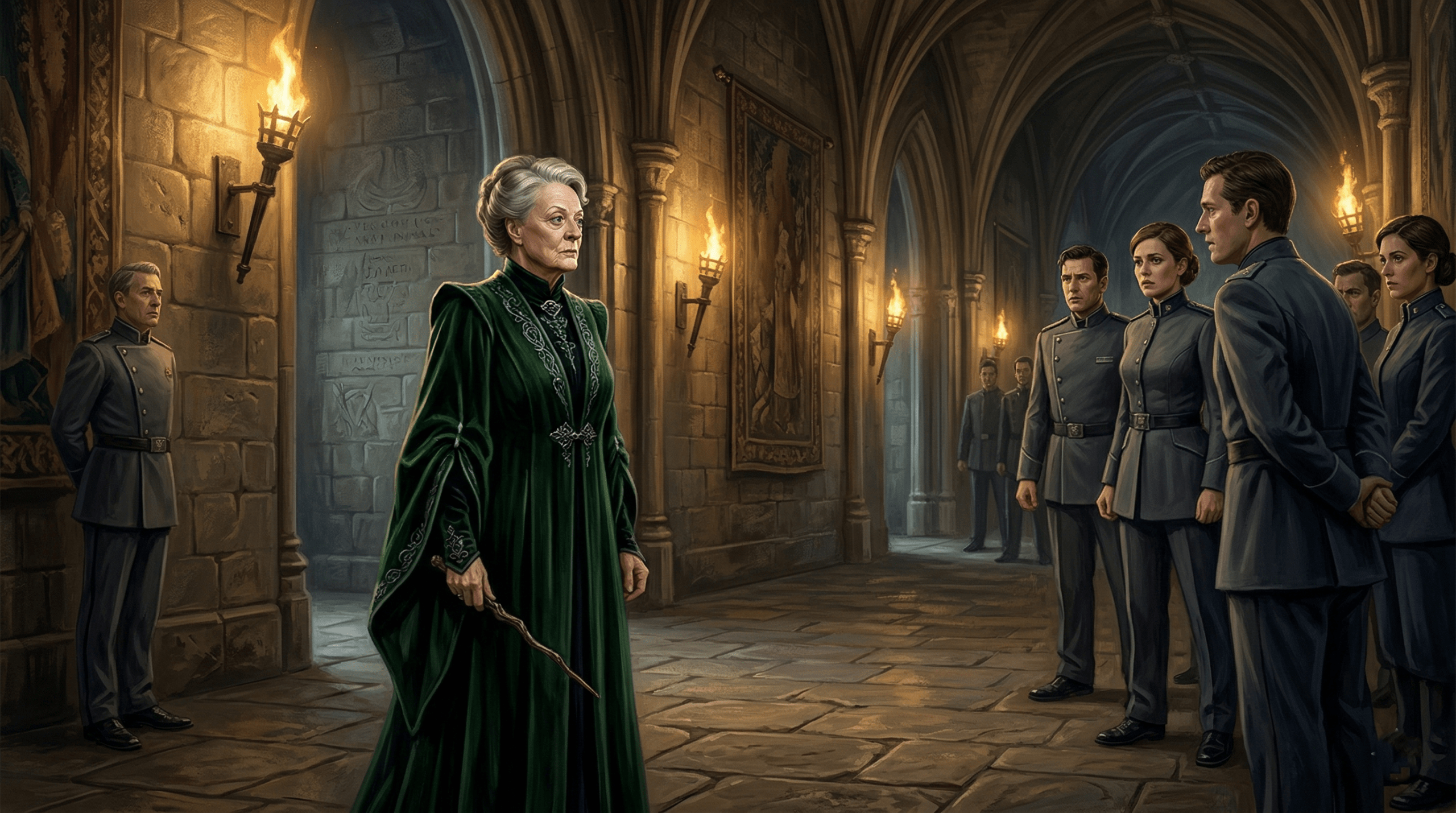 Professor McGonagall standing fearlessly against Ministry officials in Hogwarts corridor