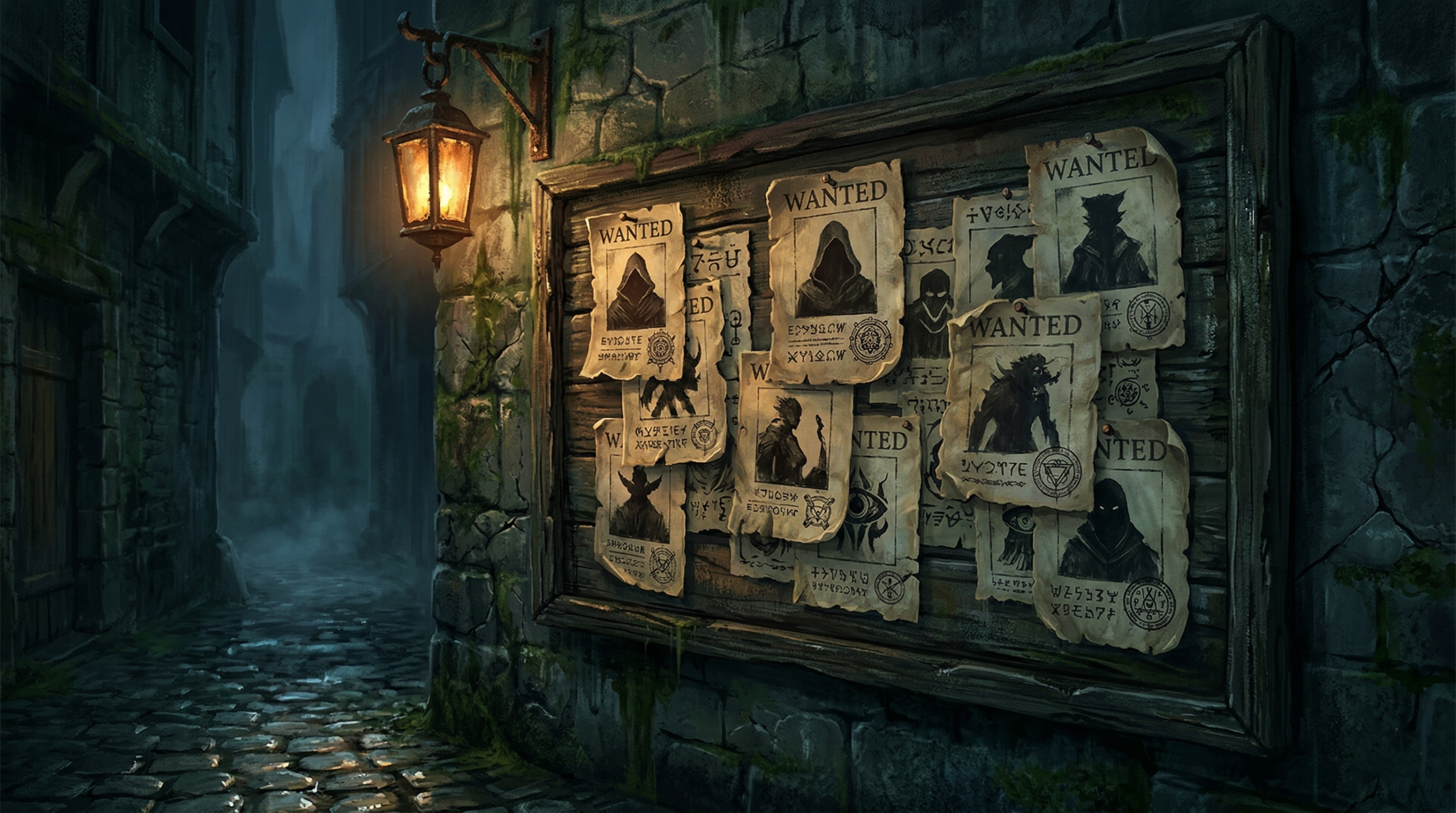 Wizarding world wanted posters on a dark alley wall representing the Harry Potter Snatcher bounty hunting system under Voldemort