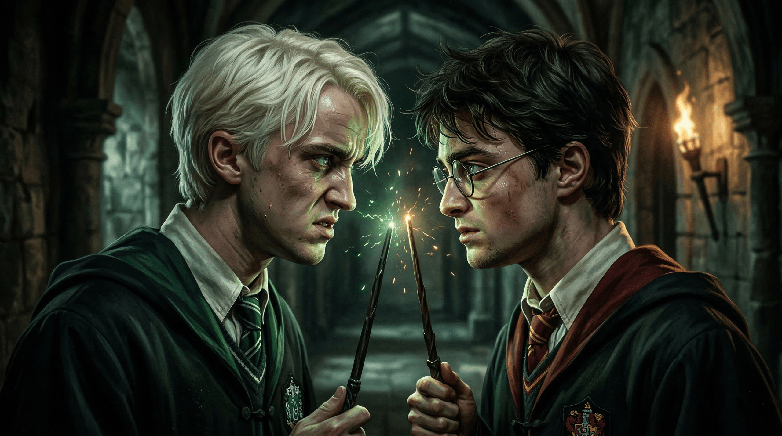 Draco Malfoy and Harry Potter in intense confrontation symbolizing the popular Drarry ship dynamic