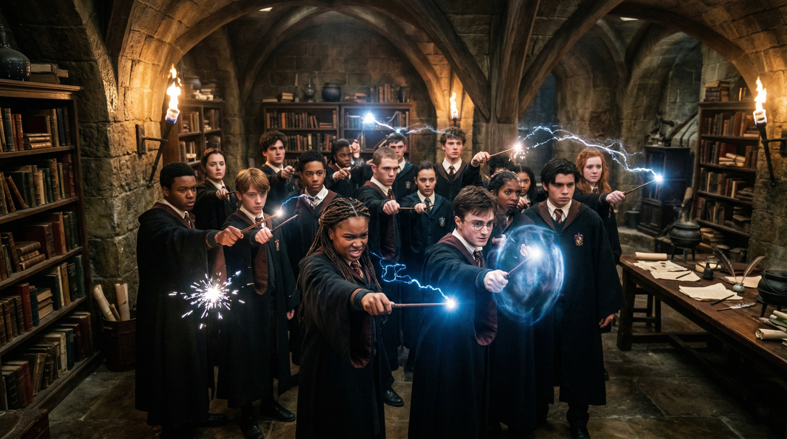 Dumbledore's Army secret training room Harry Potter students defensive magic illustration