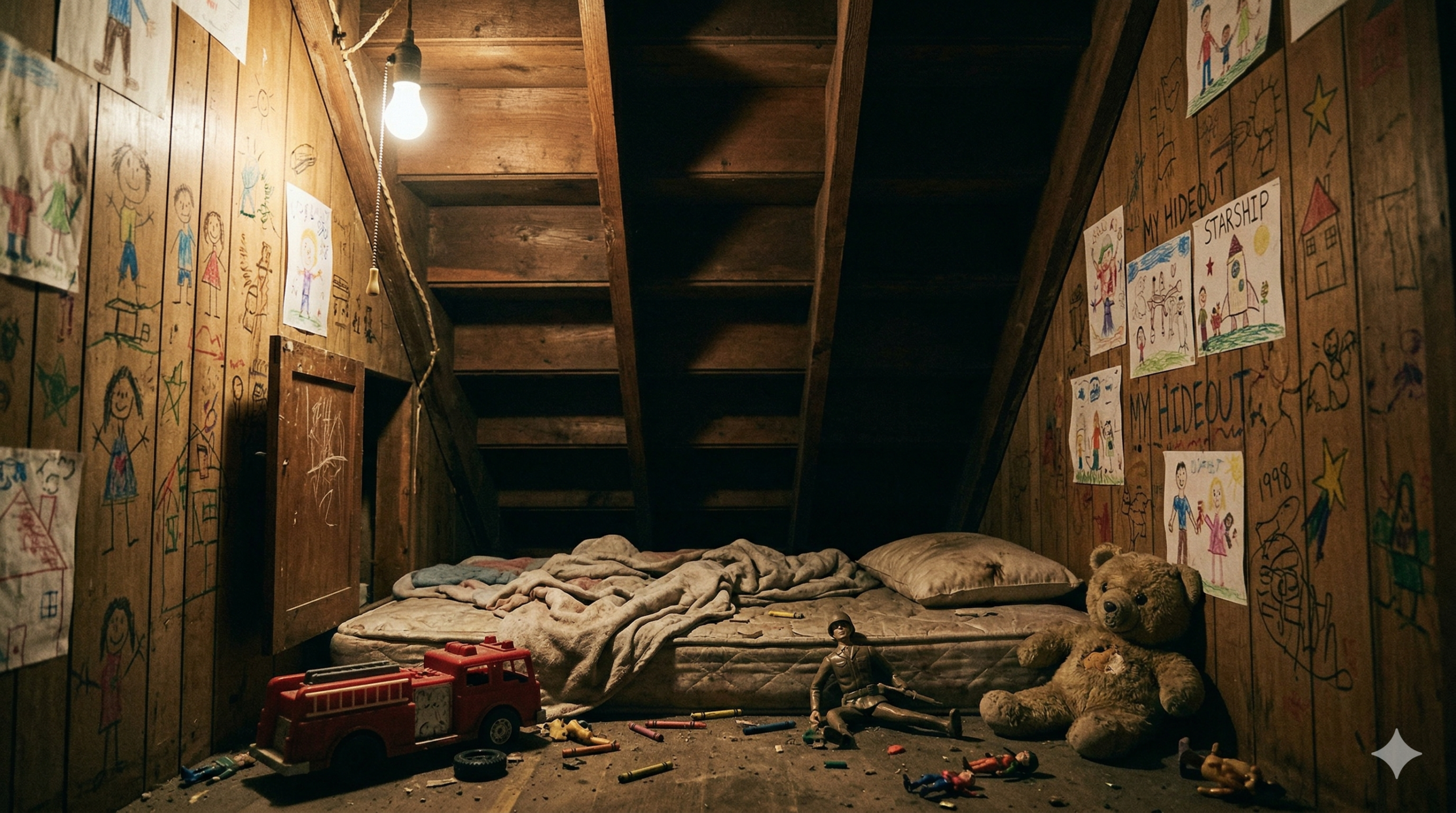 The interior of Harry Potter’s cupboard under the stairs featuring drawings and broken toys.