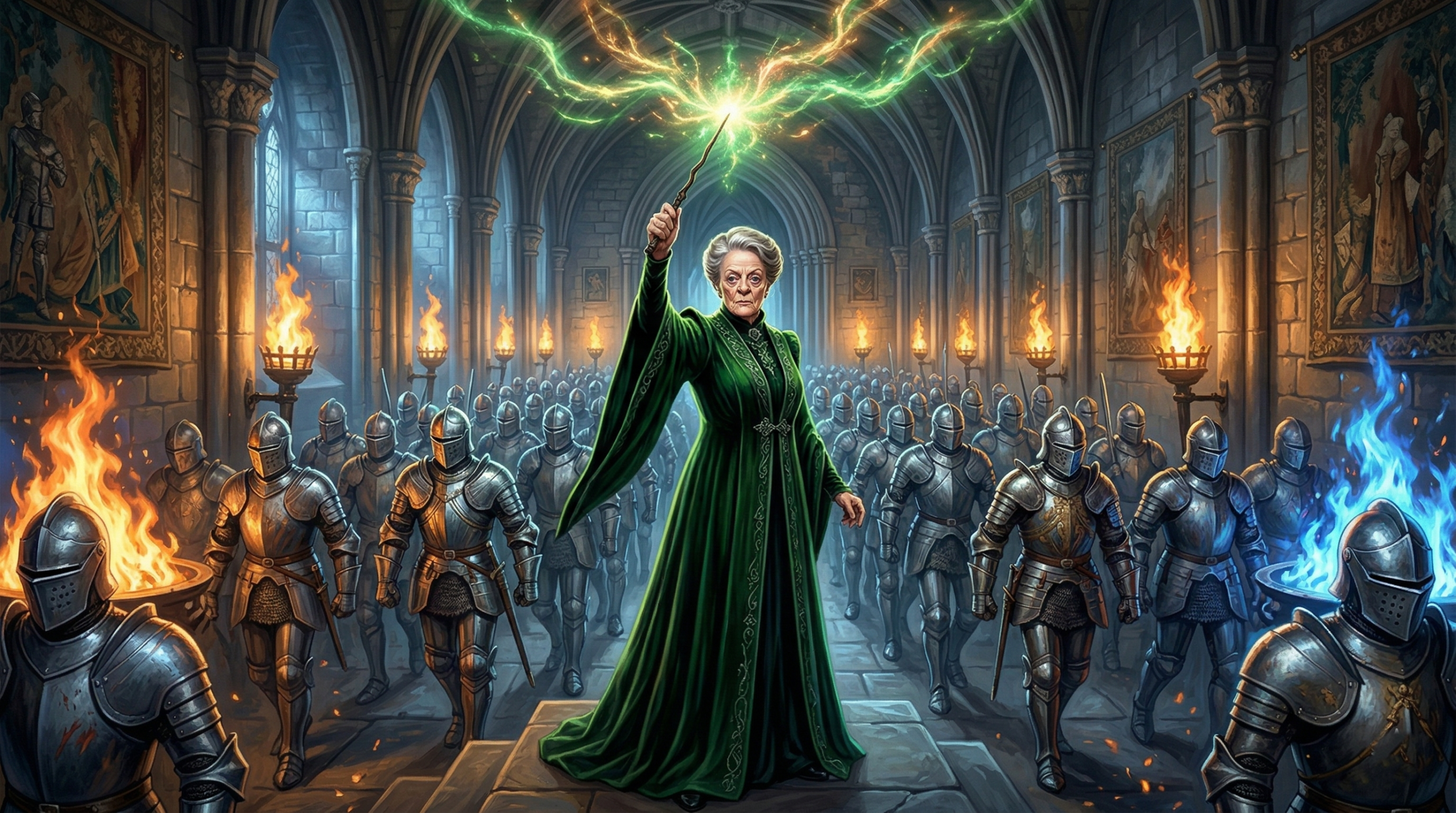 Professor McGonagall commanding enchanted suits of armor during the Battle of Hogwarts