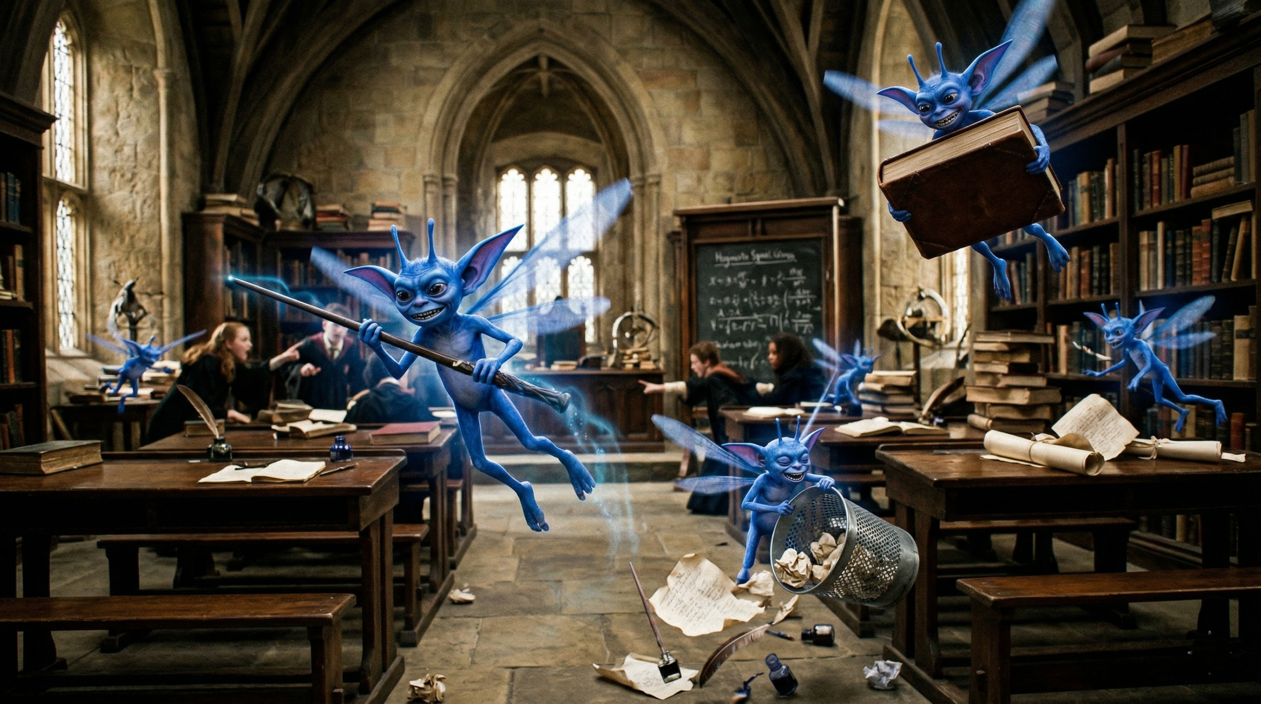 Mischievous Cornish pixies in Harry Potter stealing objects and causing classroom trouble