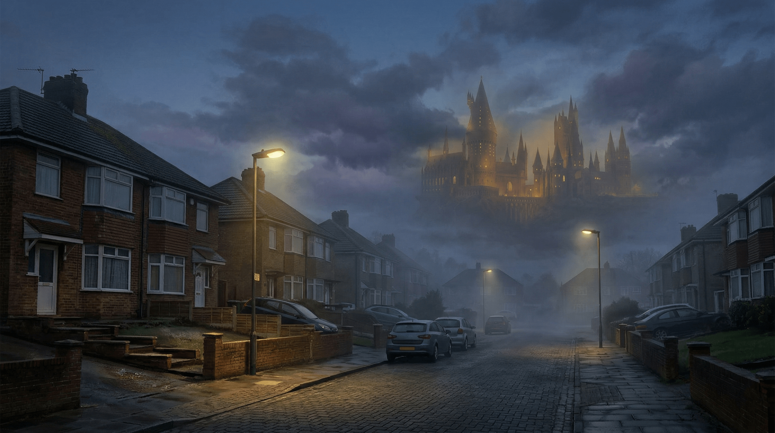 A suburban Muggle street with the distant magical silhouette of Hogwarts appearing in the sky.