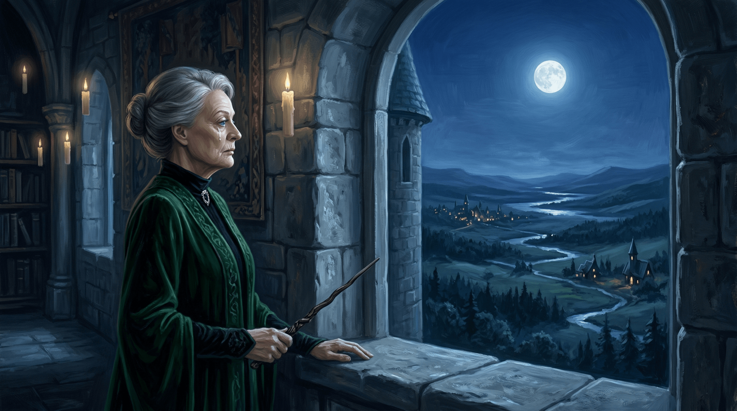Professor McGonagall standing alone at Hogwarts castle window reflecting on courage loyalty and real world heroism