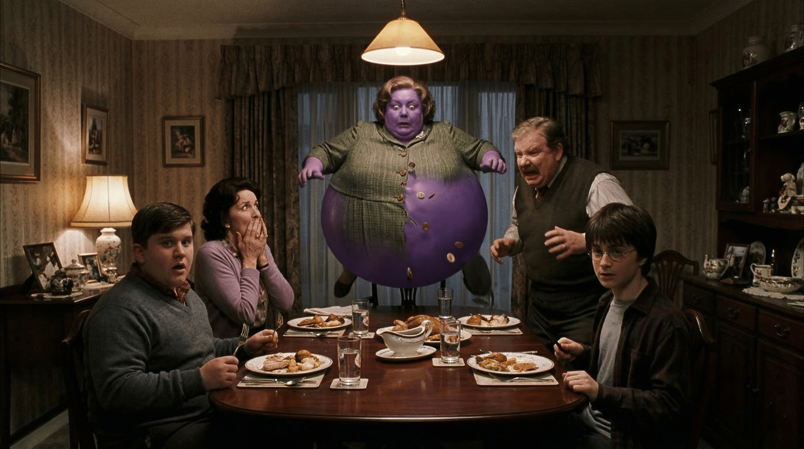 Aunt Marge inflating and floating like a balloon in Harry Potter and the Prisoner of Azkaban dinner scene