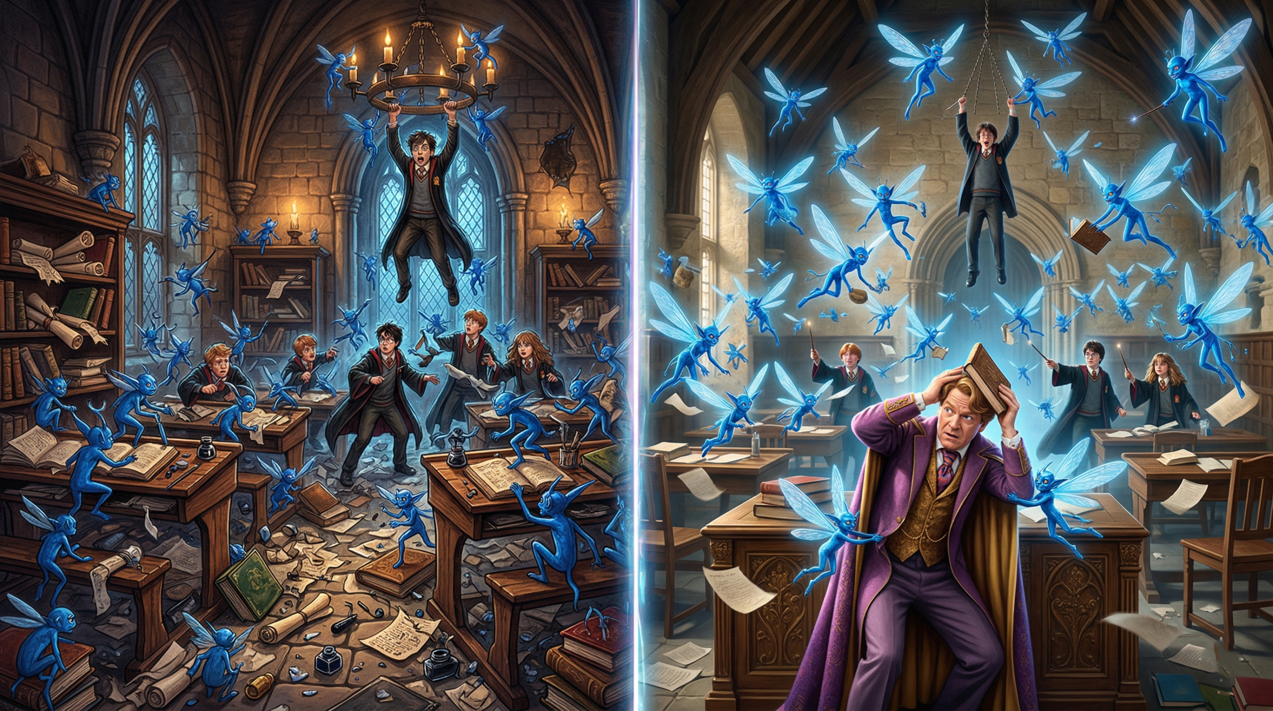 Book versus movie comparison of Cornish pixies scene in Harry Potter Chamber of Secrets