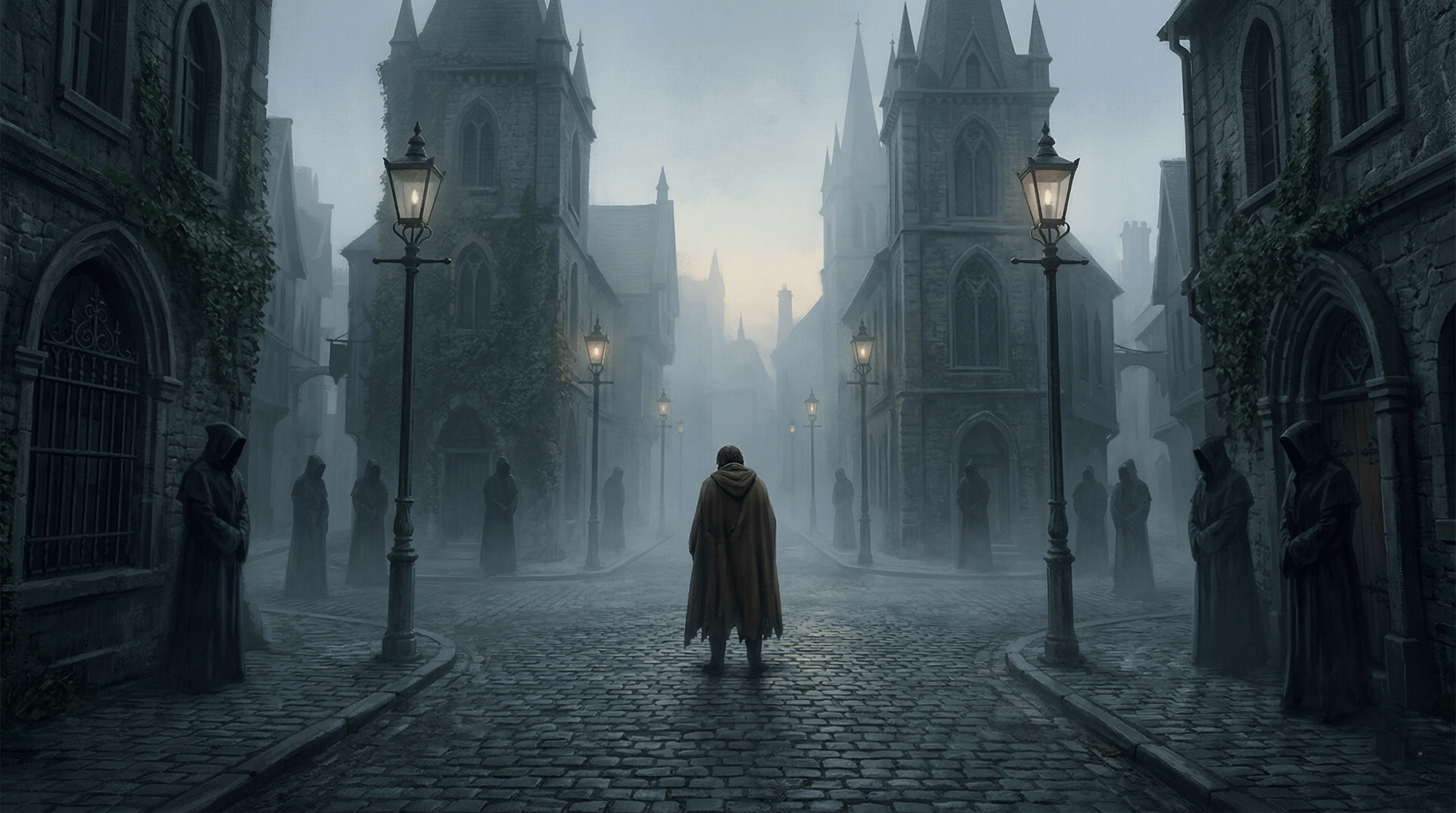 Lone figure surrounded in a dark magical village square — symbolic illustration of the inescapable terror of Snatchers in Harry Potter