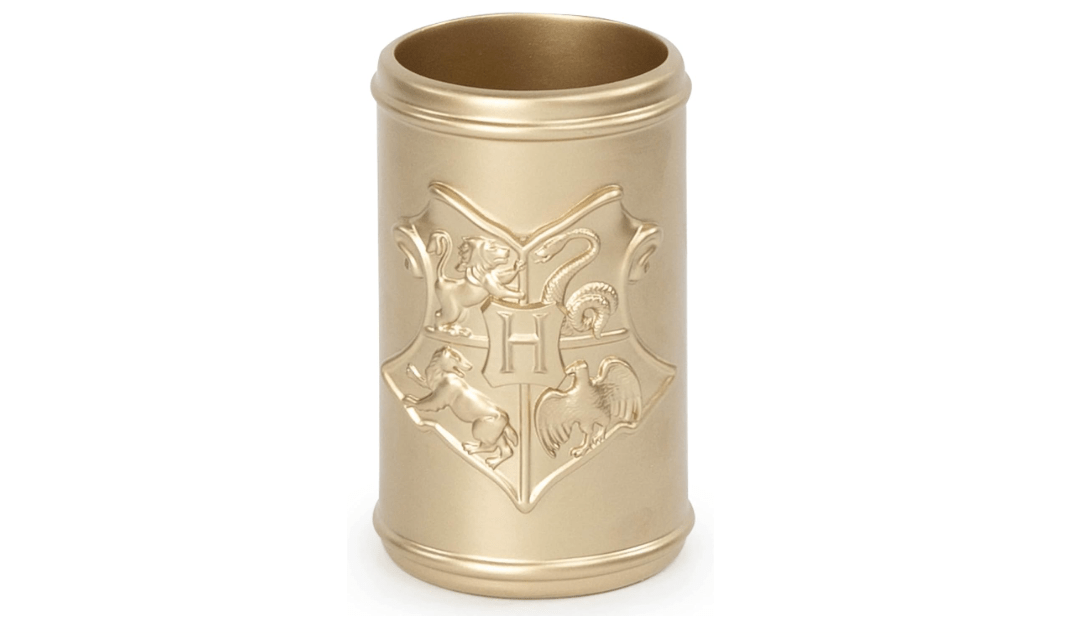 Jay Franco Harry Potter Bathroom Tumbler - Gold Resin Toothbrush/Pen Holder Features Hogwarts Crest - Bathroom Décor