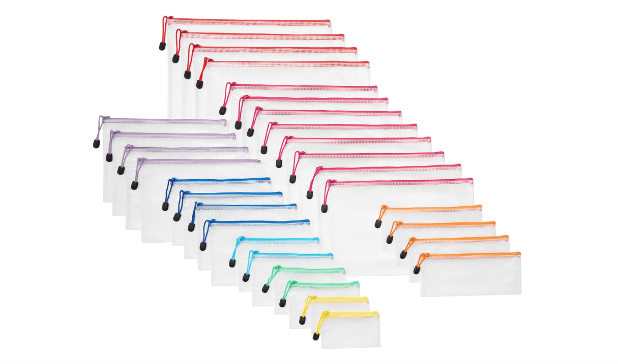 Amazon Basics 30-Pack Mesh Zipper Pouch Bags, 8 Sizes Assorted Colors Storage Organizers, Multipurpose Clear Travel Document Bags for Office Home School...