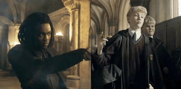 Paapa Essiedu as Severus Snape with dreadlocks casting a light spell in the Hogwarts library.