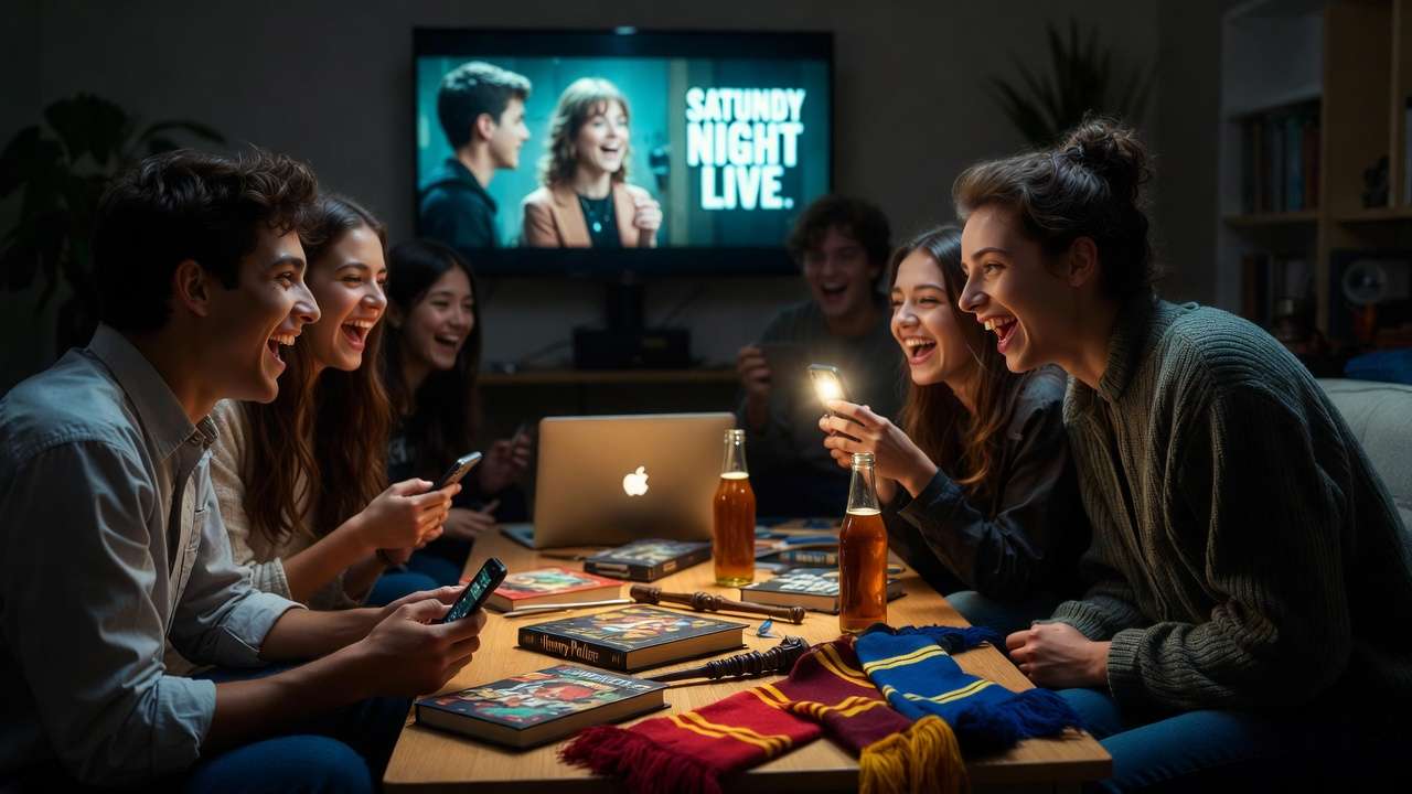 Harry Potter fans laughing while watching SNL parodies together at home
