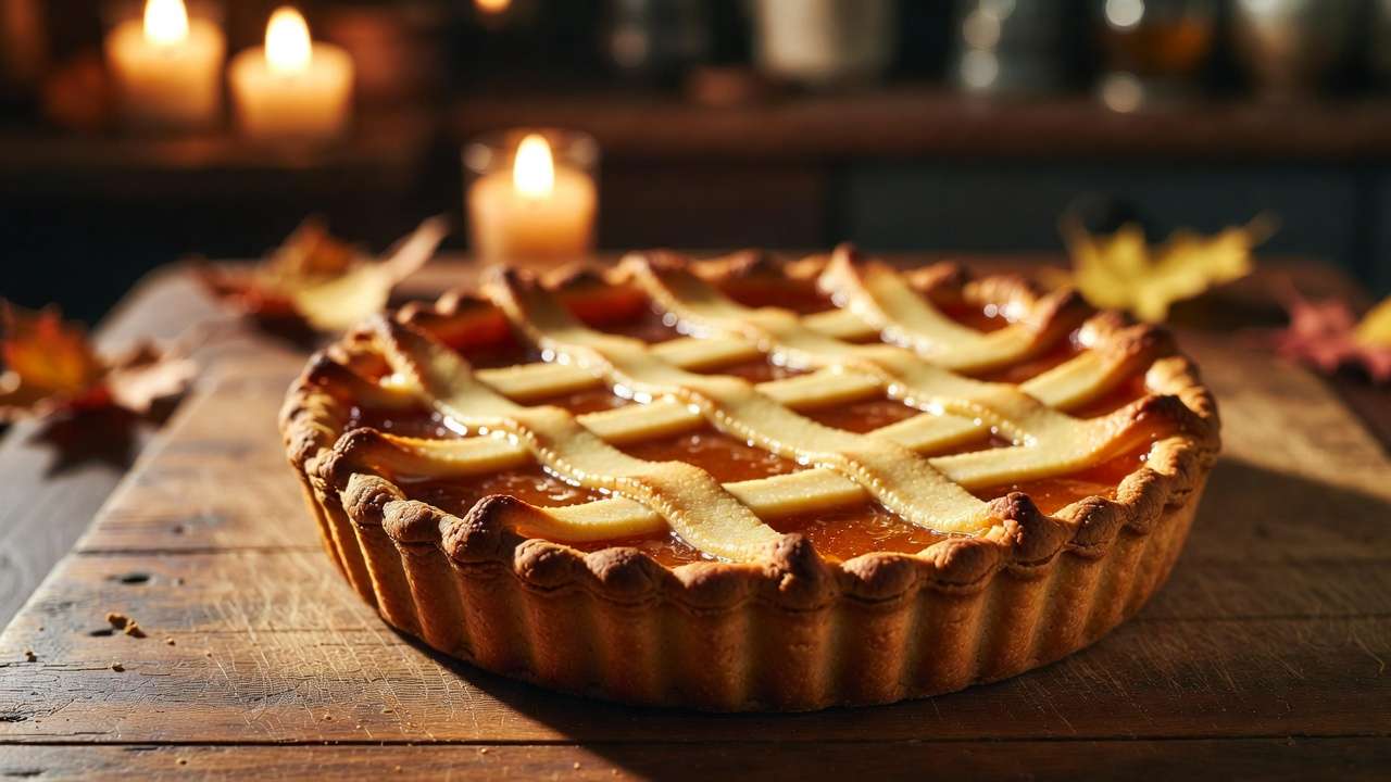 Close-up of warm homemade Harry Potter treacle tart with golden syrup filling and lattice crust