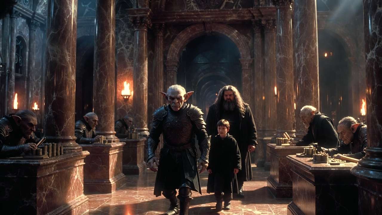 Griphook escorting Harry and Hagrid through Gringotts Wizarding Bank in Harry Potter