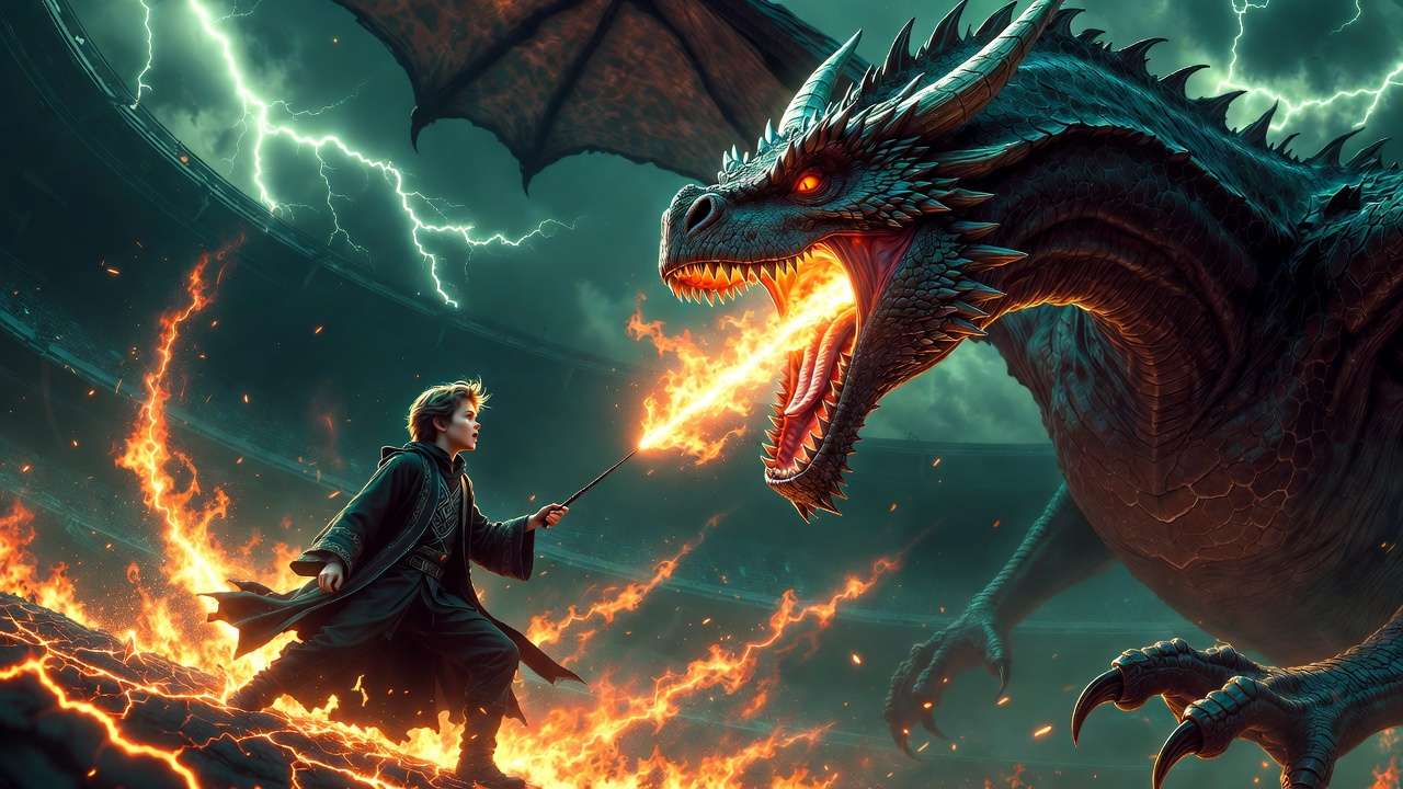 Jonny Duddle modern UK Harry Potter book cover redesign with dramatic dragon battle scene
