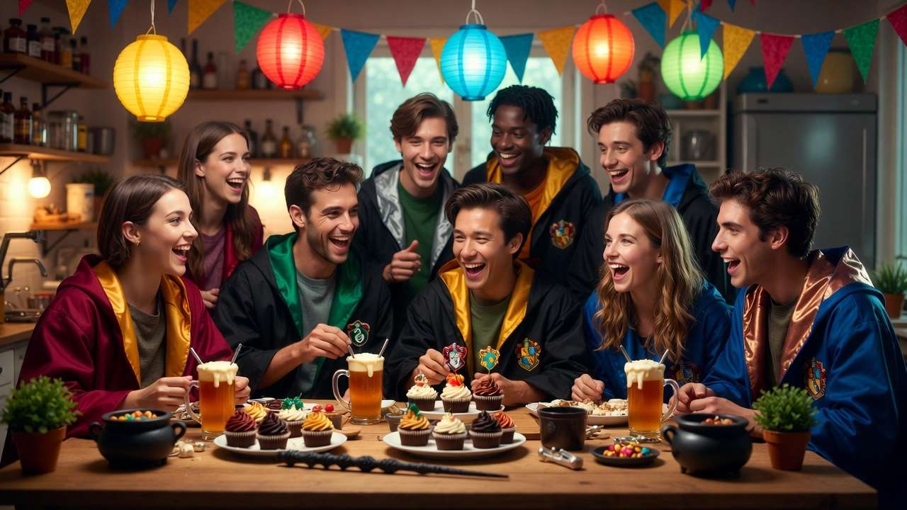 Friends hosting homemade Harry Potter baking championship party with themed treats