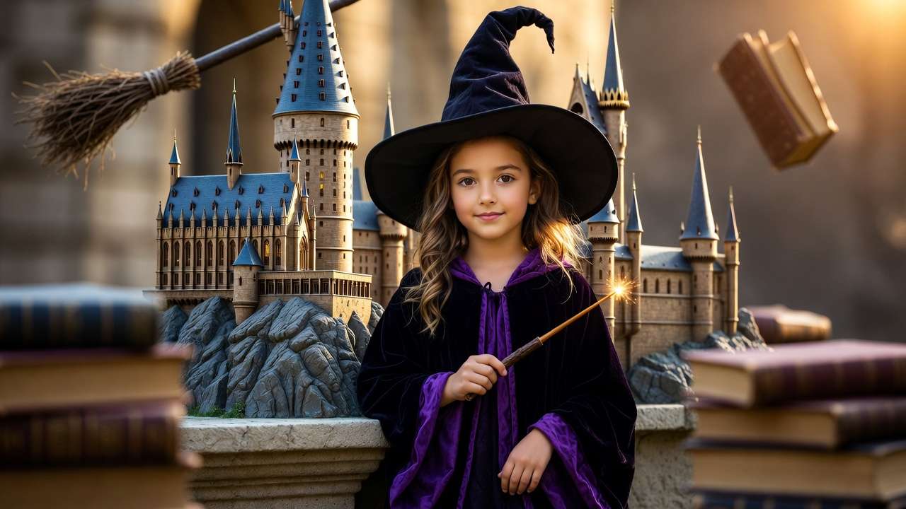 Young witch girl with wand and Hogwarts castle model representing iconic Harry Potter female characters like Hermione and Luna.