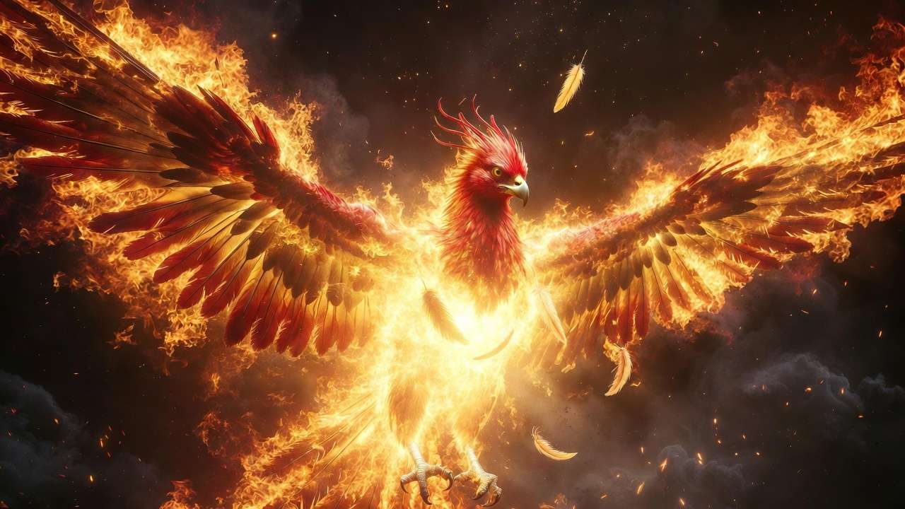 Fawkes the phoenix rising from flames in a dramatic rebirth scene from Harry Potter
