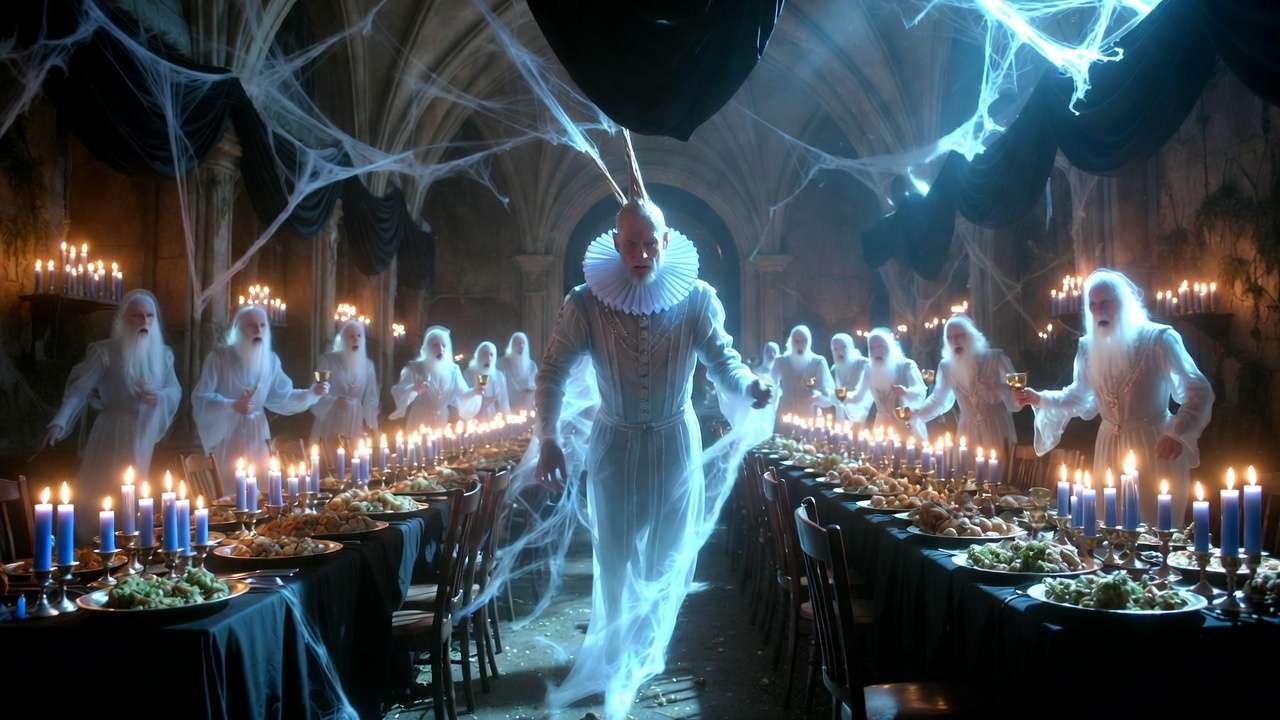 Nearly Headless Nick's 500th Deathday Party in Hogwarts dungeon with ghostly guests and rotten feast