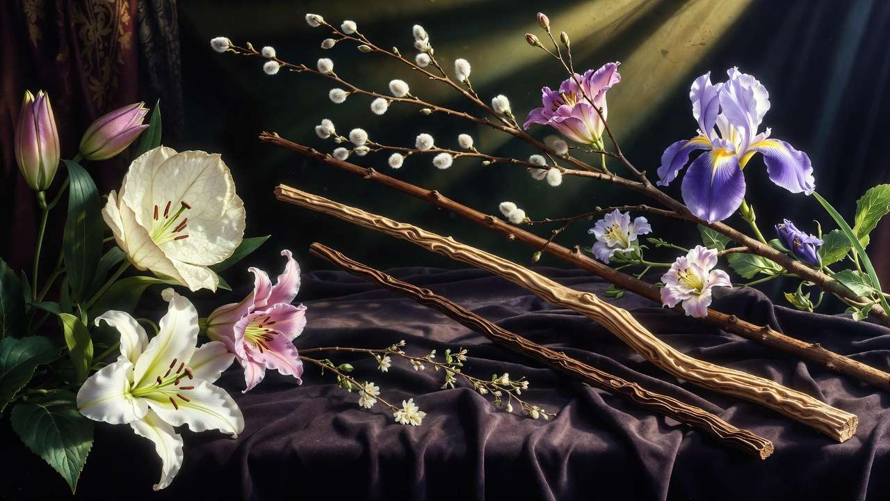 Magical wand woods and nature elements inspiring non-character Harry Potter girl names like Hazel, Willow, Lily, and Luna.