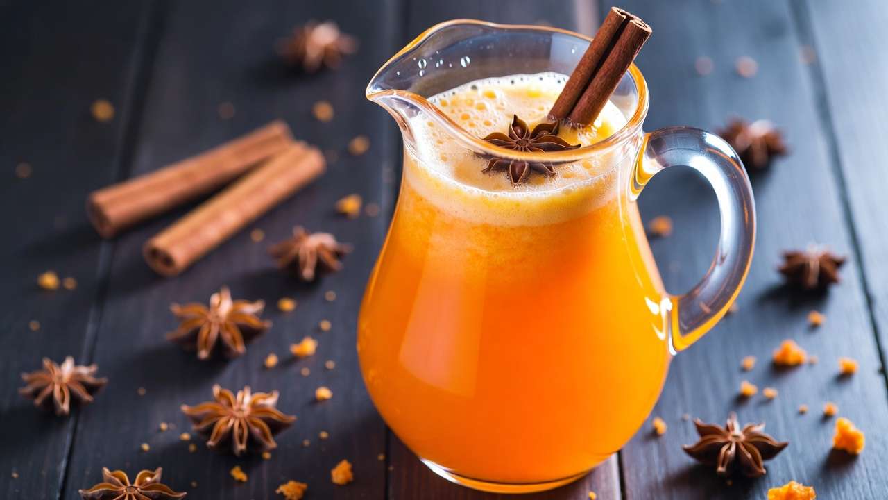 Close-up of frosty pitcher of homemade Harry Potter pumpkin juice with cinnamon and star anise garnish