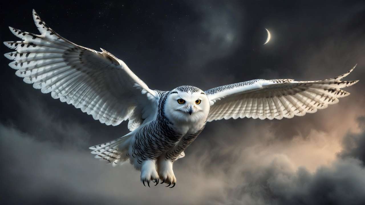 Snowy owl Hedwig soaring through a starry night sky in the Harry Potter wizarding world