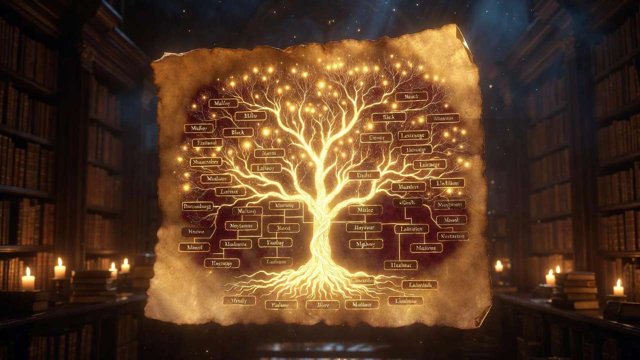 Pure-blood wizarding family tree illustration showing Malfoy, Black, and Lestrange lineages in Harry Potter lore