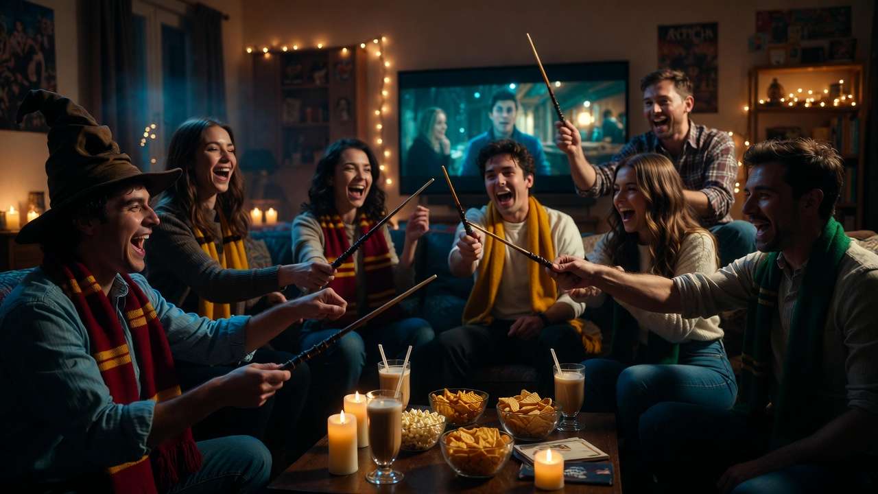 Friends enjoying Harry Potter marathon break with wand duels, Sorting Hat, and house scarves in cozy living room