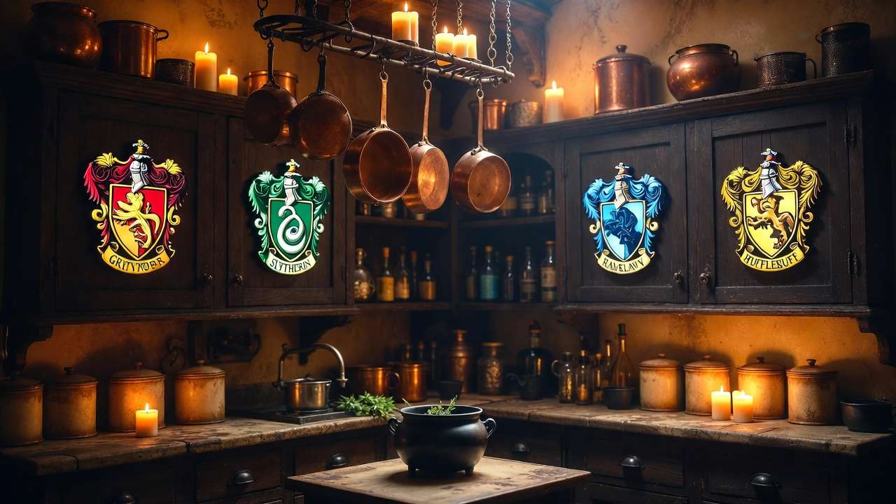 Hogwarts house crests decorating wooden kitchen cabinets with hanging copper pots and floating candles Image 2