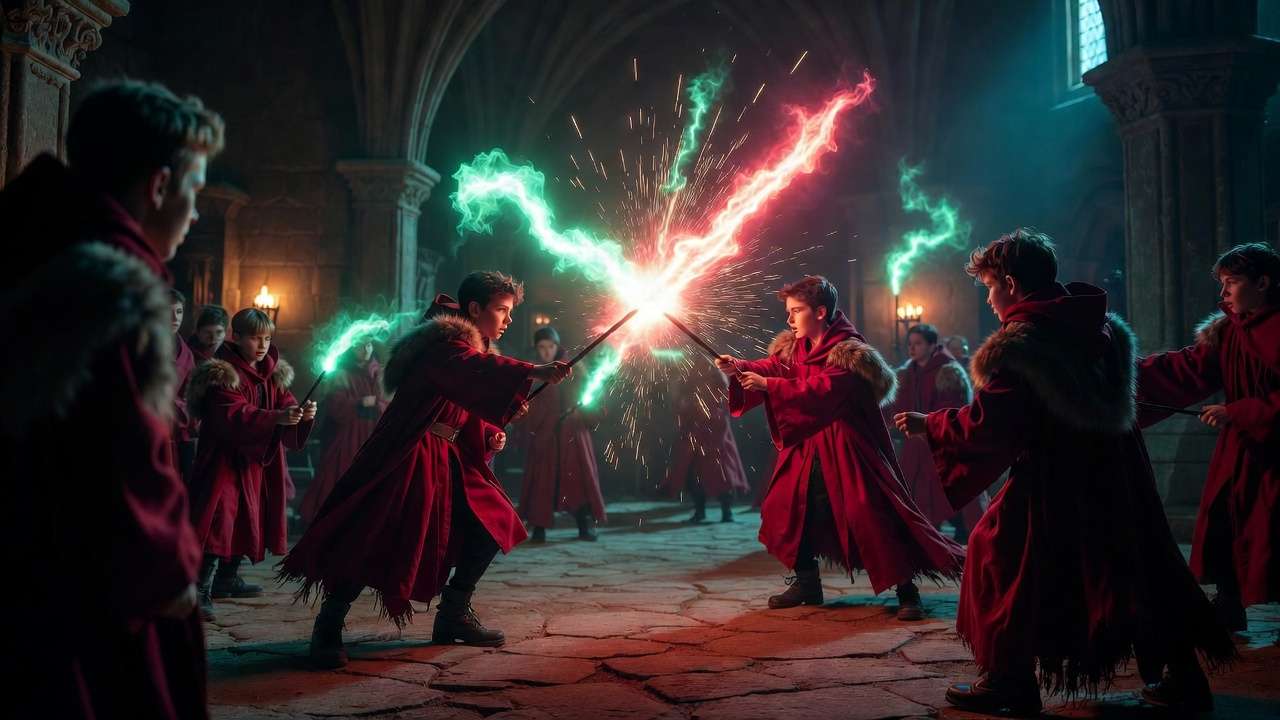 Durmstrang students practicing advanced dueling and martial magic in the castle hall