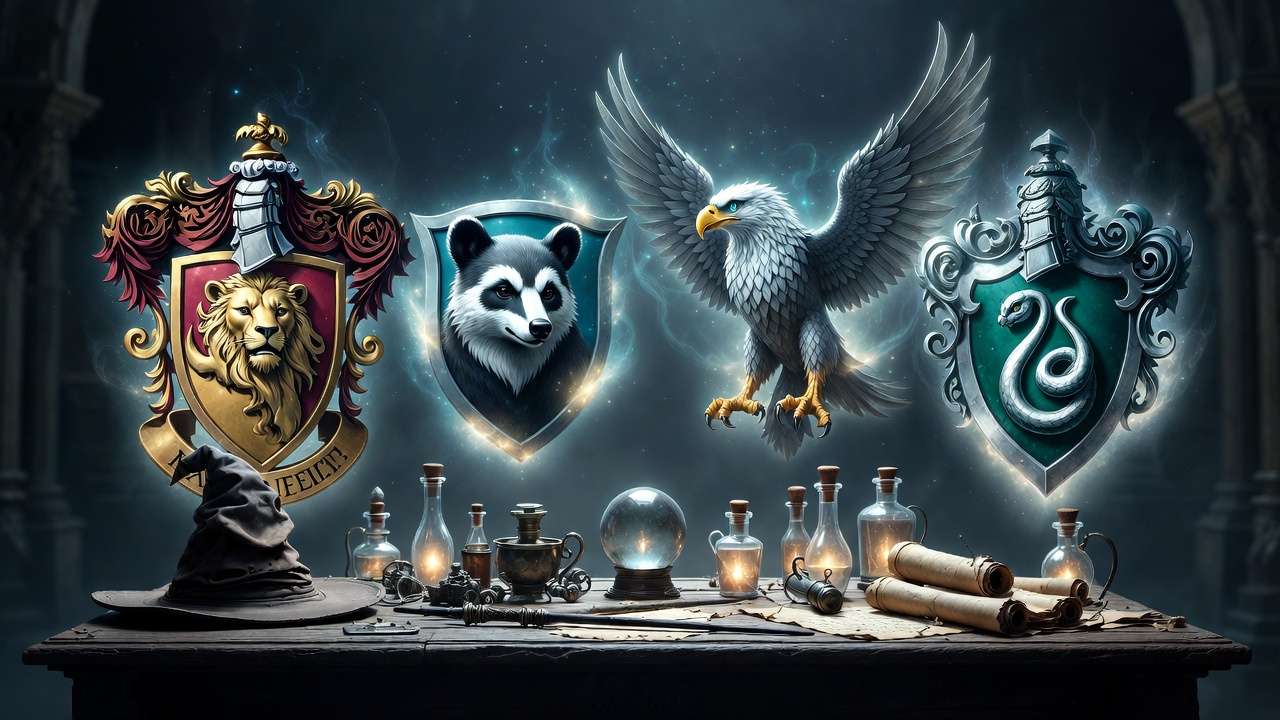Hogwarts house crests glowing magically to illustrate Harry Potter girl names sorted by Gryffindor, Hufflepuff, Ravenclaw, and Slytherin.