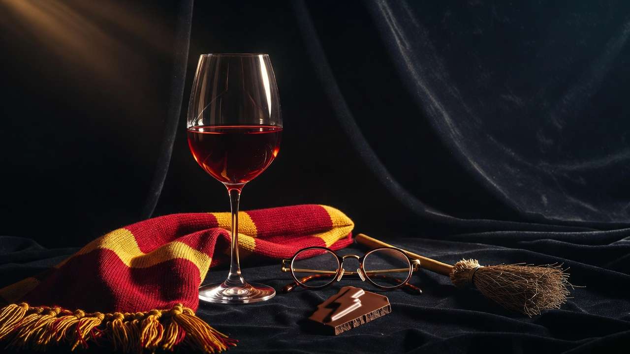 Harry Potter character inspired wine pairing with Pinot Noir, Gryffindor scarf, and symbolic accessories