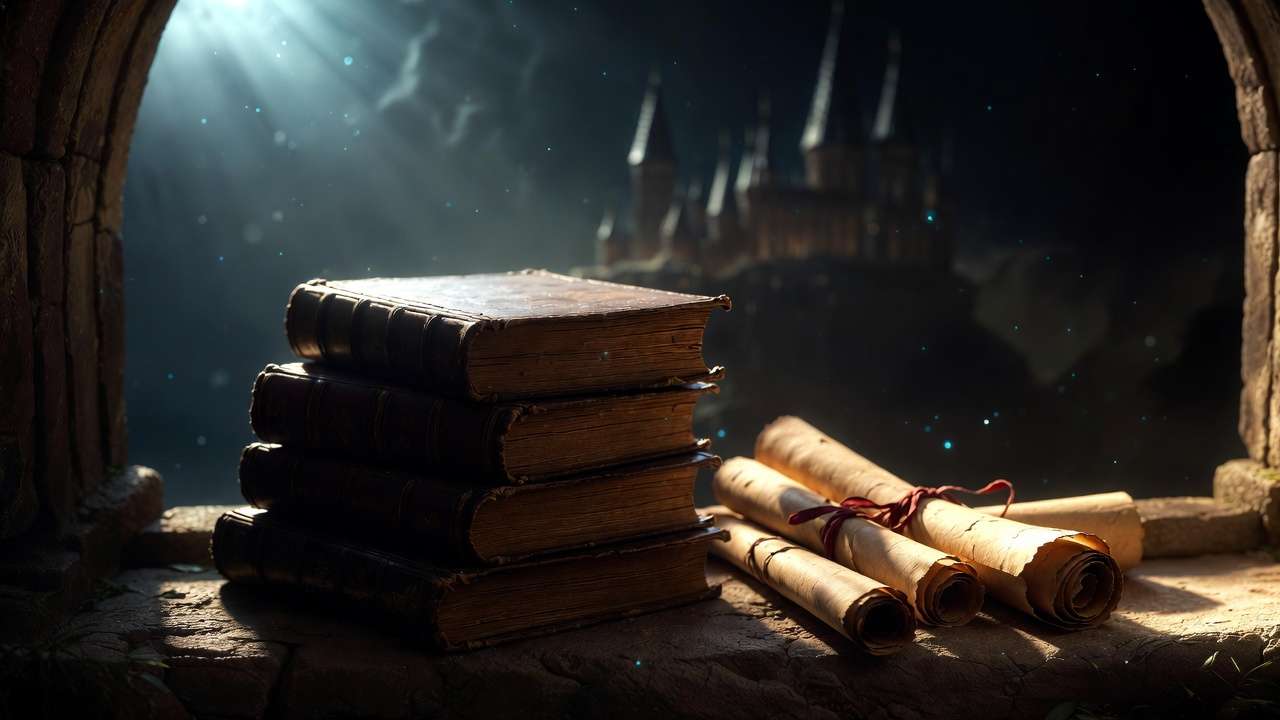 Stack of ancient books and parchment scrolls with Harry Potter script content under moonlight at Hogwarts