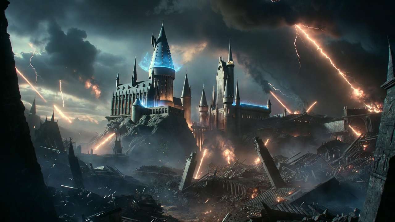 Dramatic Battle of Hogwarts scene capturing the epic scope of Harry Potter characters and story
