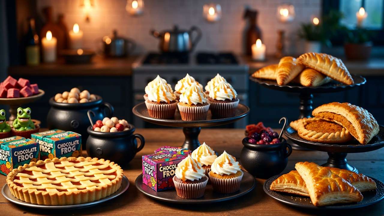 Harry Potter themed dessert table with treacle tart, Butterbeer treats, and Honeydukes sweets for a magical party