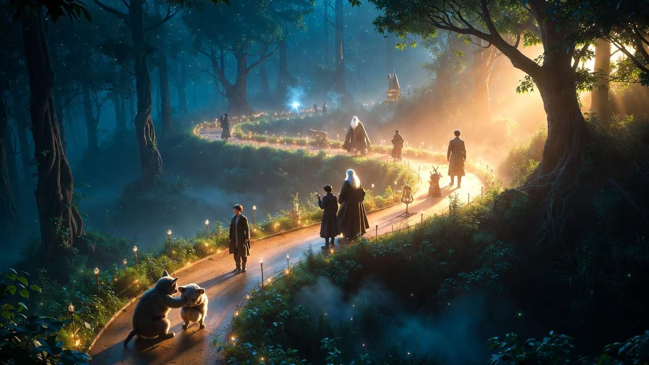 Chronological timeline of the Wizarding World from Fantastic Beasts to Harry Potter films in enchanted forest setting