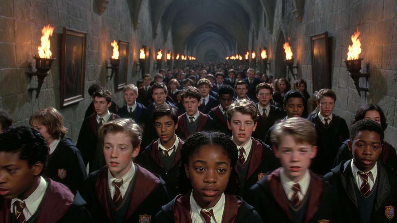 Diverse Hogwarts students including background Gryffindor girl in Prisoner of Azkaban corridor
