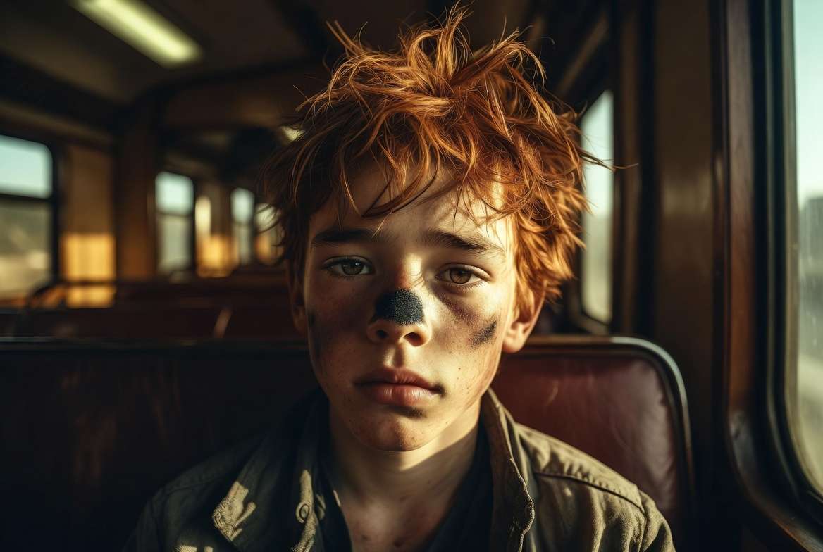 Young Ron Weasley sitting in the Hogwarts Express with a smudge of dirt on his nose, perfectly accurate to the original Harry Potter books.