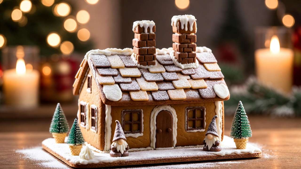 Charming crooked Weasley Burrow Harry Potter gingerbread house with whimsical garden details