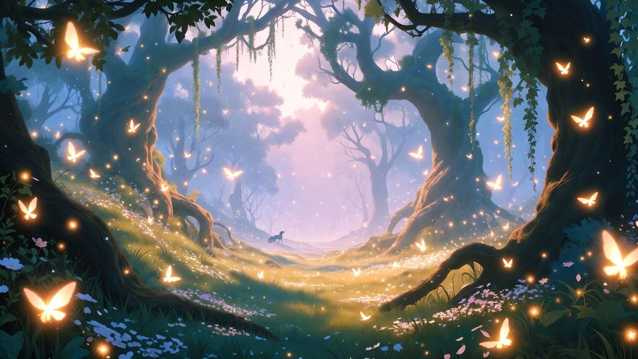 Enchanted magical forest scene evoking rare and underrated Harry Potter girl names from the wizarding world.