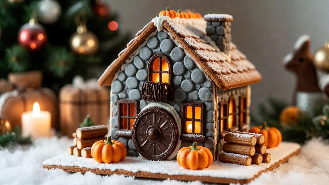Finished Hagrid's Hut Harry Potter gingerbread house with rustic details and snowy holiday display
