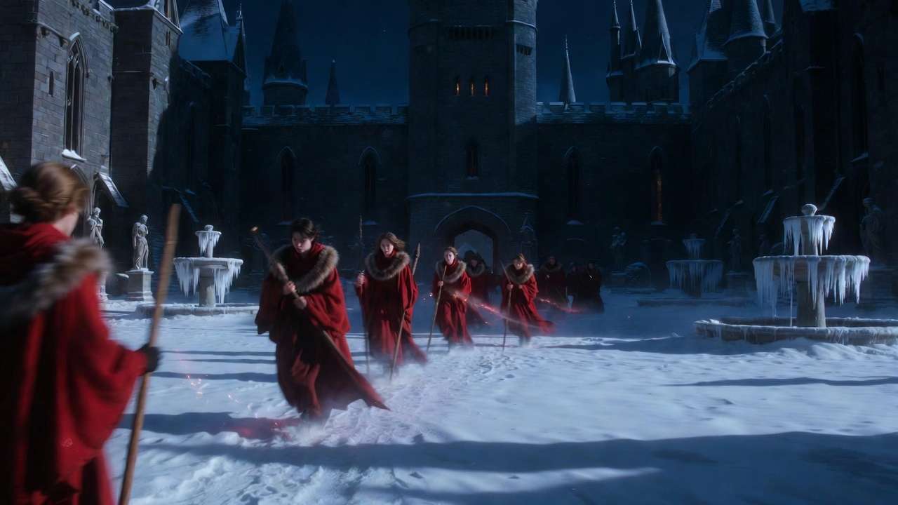 Durmstrang students in red robes walking through the snowy castle courtyard