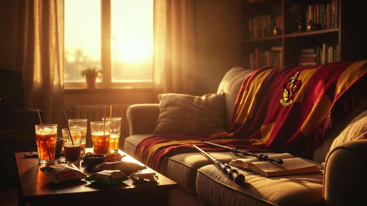Cozy aftermath of Harry Potter movie marathon with golden sunlight, butterbeer glasses, wands, and open book on couch