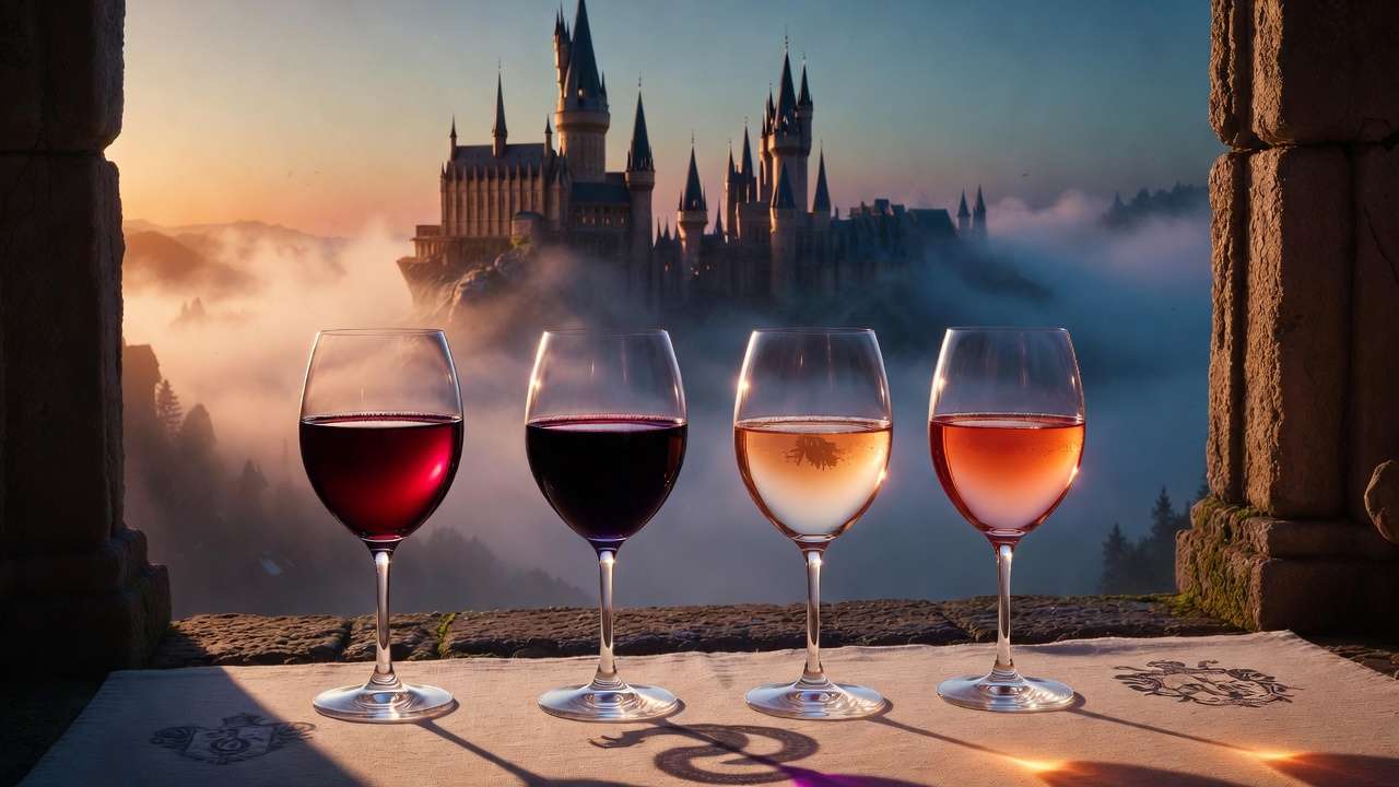 Hogwarts house themed wine flight with red, black, white, and rosé glasses symbolizing Gryffindor, Slytherin, Ravenclaw, and Hufflepuff