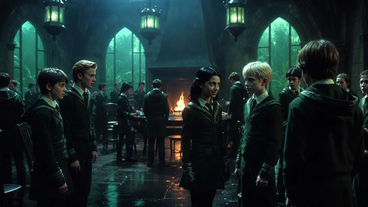 Pansy Parkinson with fellow Slytherin students in the common room, Harry Potter series