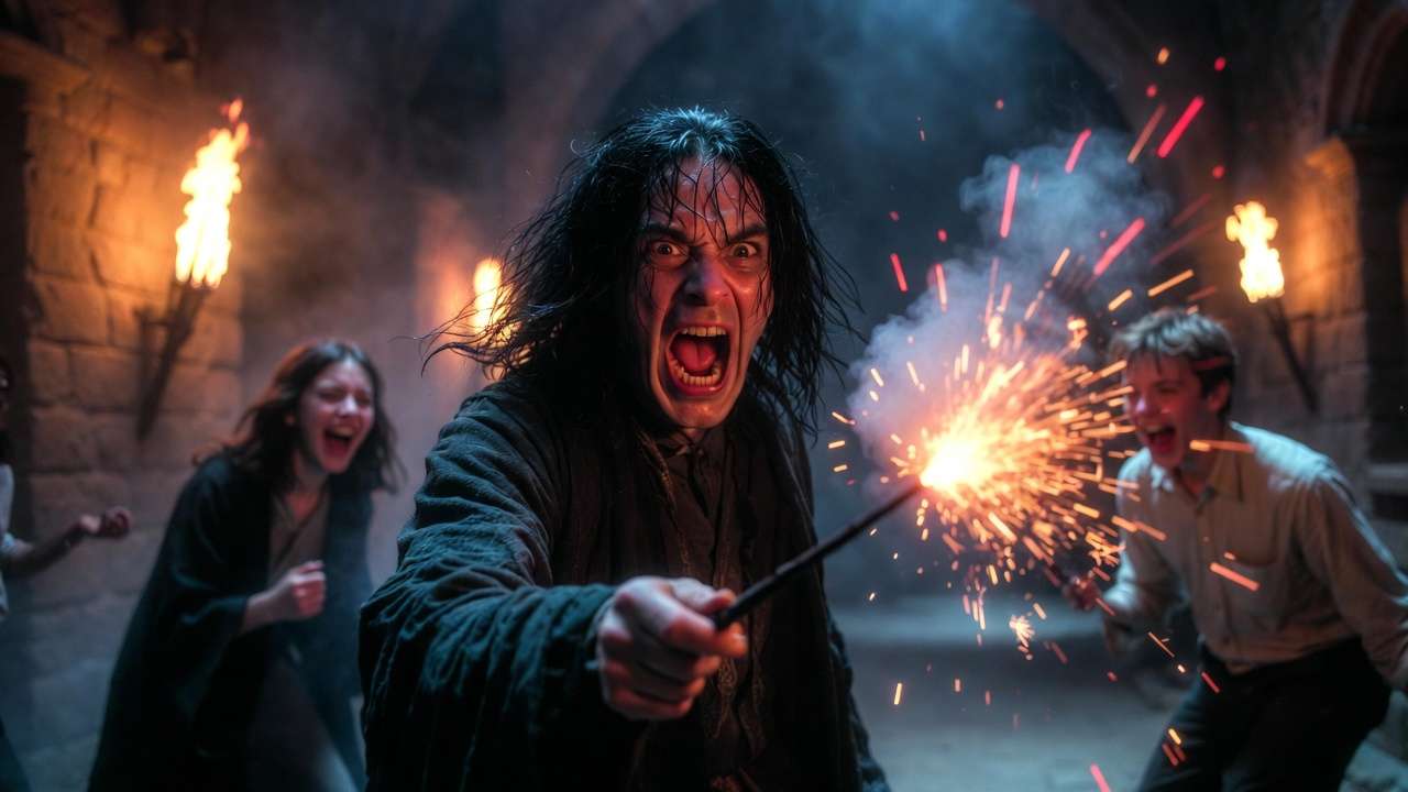 SNL-style exaggerated Snape impression with chaotic wand sparks in Hogwarts