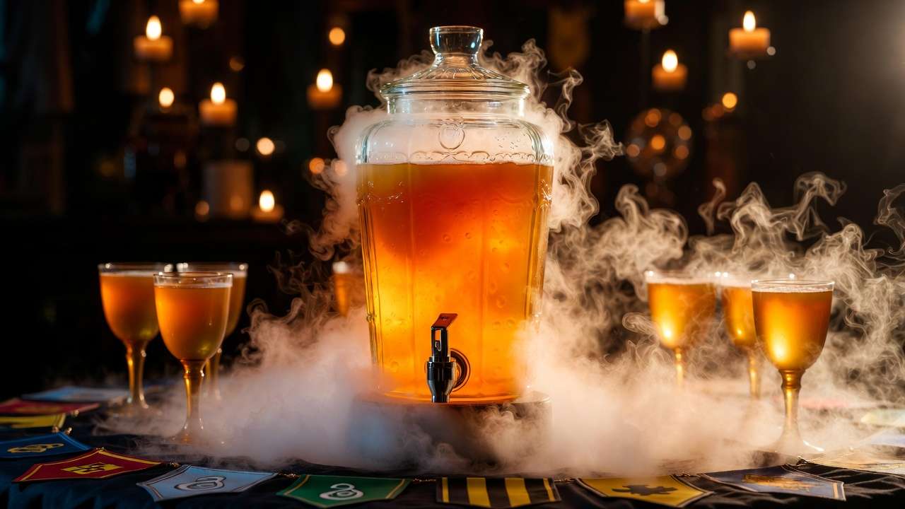 Magical Harry Potter pumpkin juice in a cauldron-style dispenser with dry ice mist for parties