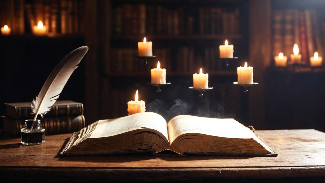 Open magical book with floating candles illustrating fun facts about Harry Potter character names