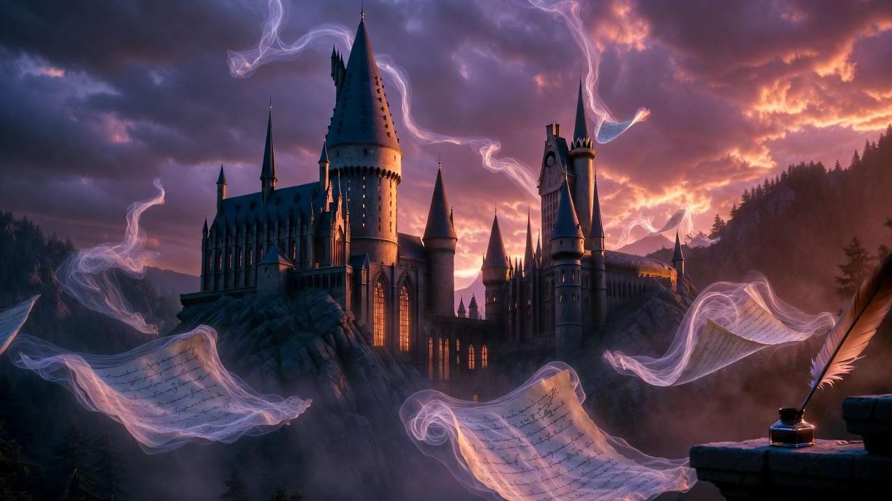 Hogwarts castle at twilight surrounded by floating translucent Harry Potter script pages in magical fantasy style